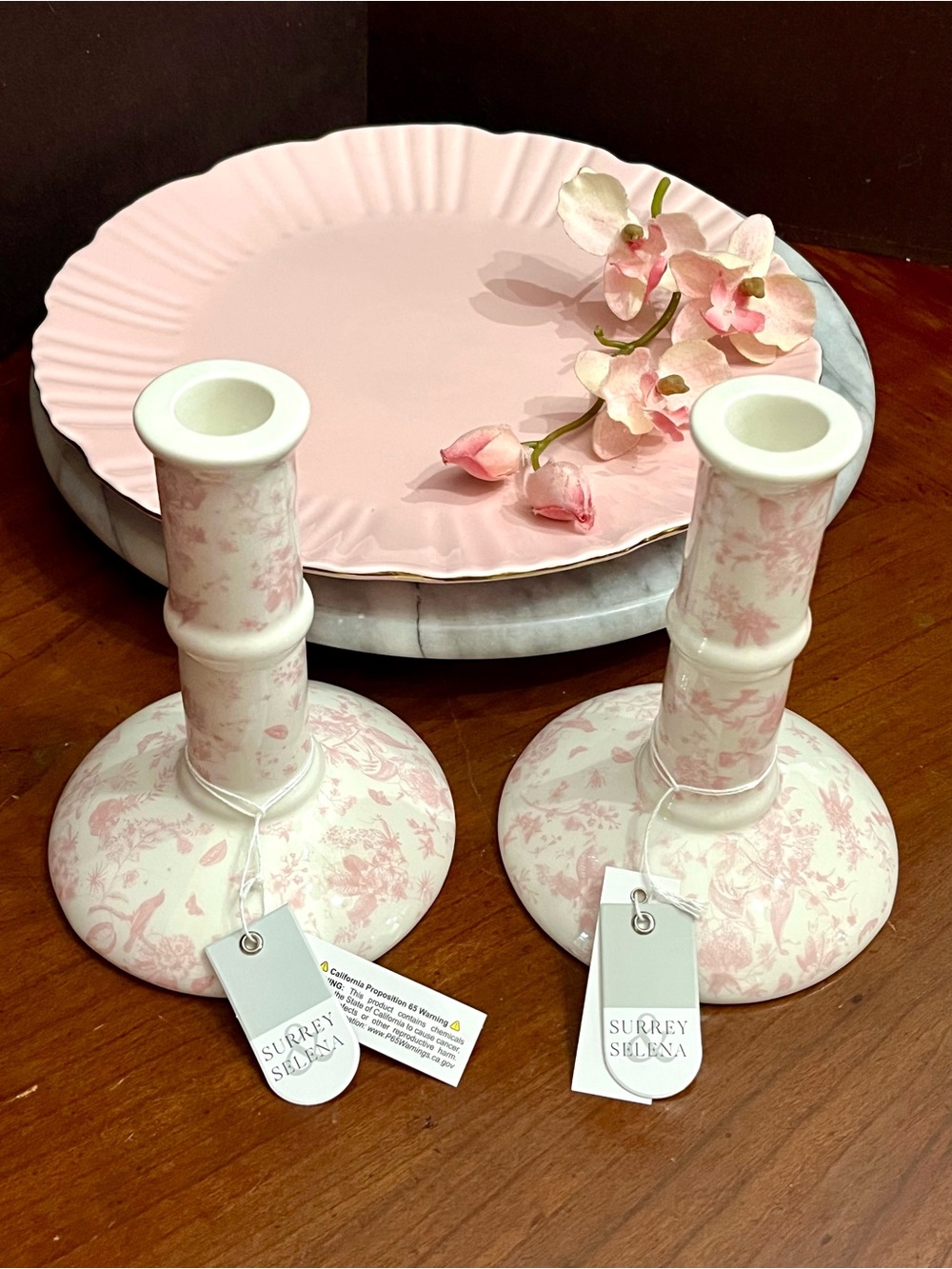 NWT Surrey Selena Pink Toile Ceramic Taper Candlestick Holders Set of 2